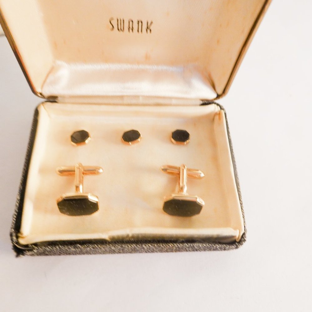 SWANK Signed Gold Tone Black Cufflinks Studs in Original Box